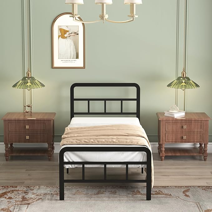 Richwanone 14 inch Twin Bed Frame with Headboard and Footboard, Metal Bed Frame with Steel Slat Support, No Box Spring Needed, Easy Assembly, Black