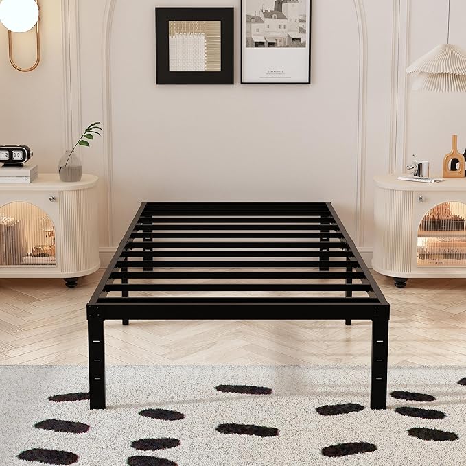 Maenizi Twin Bed Frame with White Fabric Cover 14 Inch, Heavy Duty Metal Bed Frame Twin, No Box Spring Needed, Support Up to 2500 lbs, Easy Assembly, Noise Free, Black