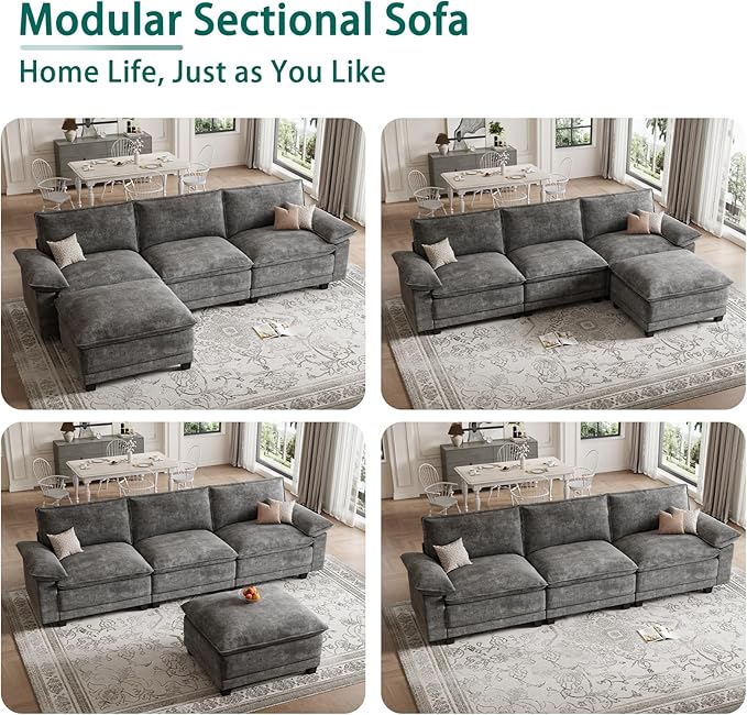 Modern L Shaped Sofa Couches for Living Room, Modular Sectional Cloud Couch with Movable Ottoman, Comfy Chenille Sofa for Apartment and Small Space, Dark Gray