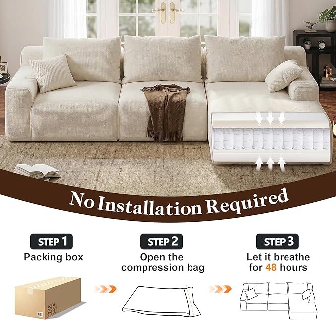 97”Modular Sectional Sofa, Cloud Sectional Couch with Deep Seat, Modern Modular L-Shape Sofa Couch, Upholstered Boneless Couches for Living Room Bedroom (White Check, Right Facing Chaise)