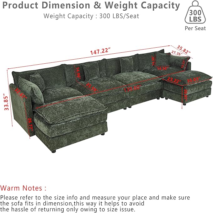 Setawix Deep 4 Seater Couch with Ottomans,147.22" U-Shaped Cloud Couches for Living Room,Chenille Cloud Sofa Couch with Foorest,Modular Sectional U Shape 4 Seat Sofa for Bedroom (Green, 4+2)