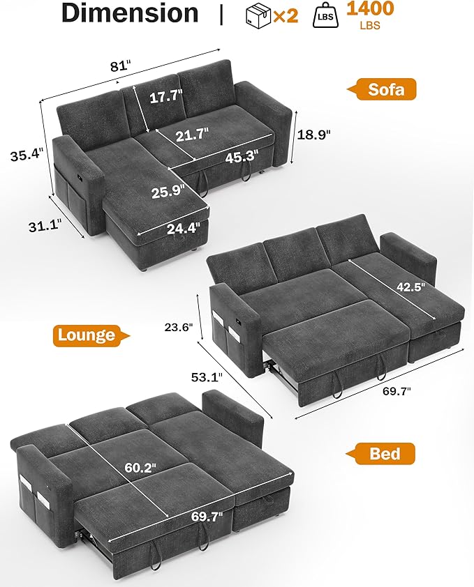 Vipbear 82" Sectional Sleeper Sofa with Pull Out Bed, L Shaped Couch Sleeper Sofa Bed, Pull Out Couch with Reclining Backrest, Reversible Storage Chaise, USB Ports, Tool-Free Assembly, Chenille Grey