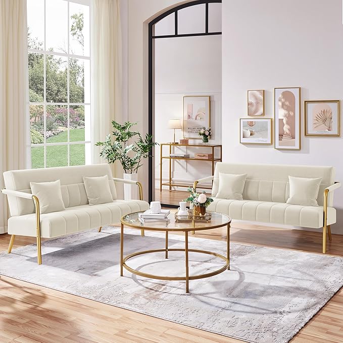 Yaheetech 56.5" W Modern Sofa Small Sofa Luxurious Velvet Fabric Couch with Gold-Tone Metal Arms and Legs for Living Room, Home Office, Studio Beige