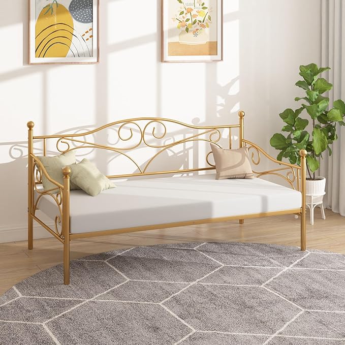 VECELO Daybed Frame, Twin Size Metal Platform Bed with Headboard,Heavy Duty Steel Slats Support for Living Room Bedroom Guest Room, Easy Assembly