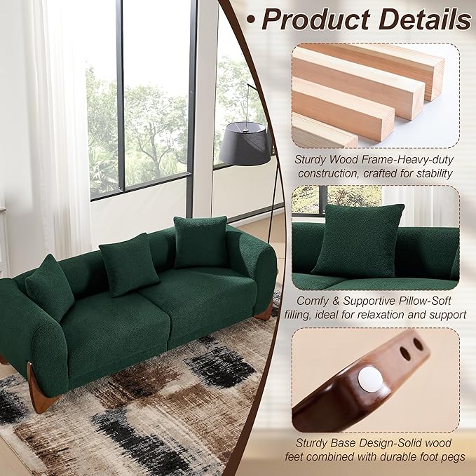 87" Sherpa Boucle Cloud Couch Modern 3 Seater Sofa with Solid Wood Legs, 25" Extra Deep Seat, Comfy Thick Cushion Upholstered Sofa Couches with 3 Pillows for Living Room, Green