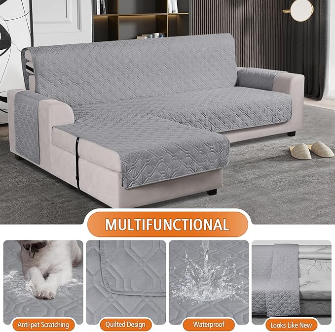 VANSOFY Upgraded Sectional Couch Covers 100% Waterproof L Shaped Sofa Slipcover Reversible Chaise Lounge Cover for Sectional Sofa Furniture Protector Cover for Pets Dog Cat(Small, Light Gray)