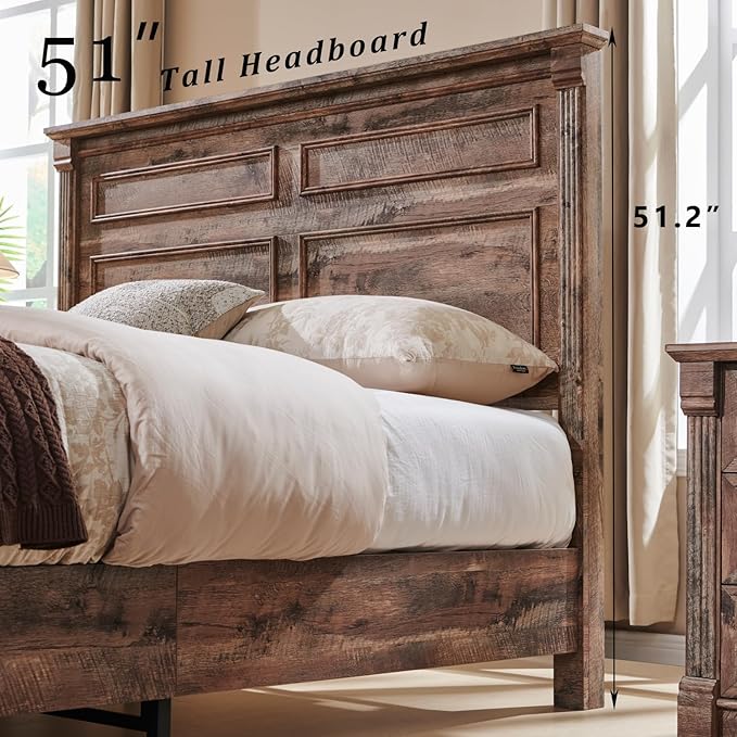 Aitjunz Farmhouse Queen Size Bed Frame with 51" Tall Headboard, Wood Platform Bed Frame with 20" Tall Roman Column Decoration Footboard & 2 Large Storage Drawers, No Box Spring Needed (Light Brown)