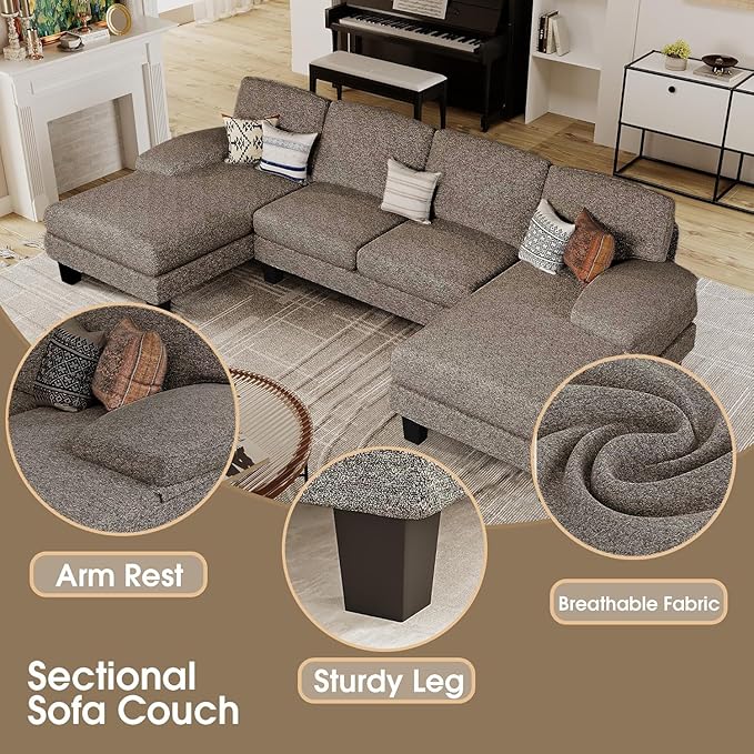 Furmax Sectional Couches for Living Room, U-Shaped Sofa Couch with Linen Fabric, 4 Seat Sofa Set with Double Chaise for Apartment (Loop Yarn, Pearl Gray)