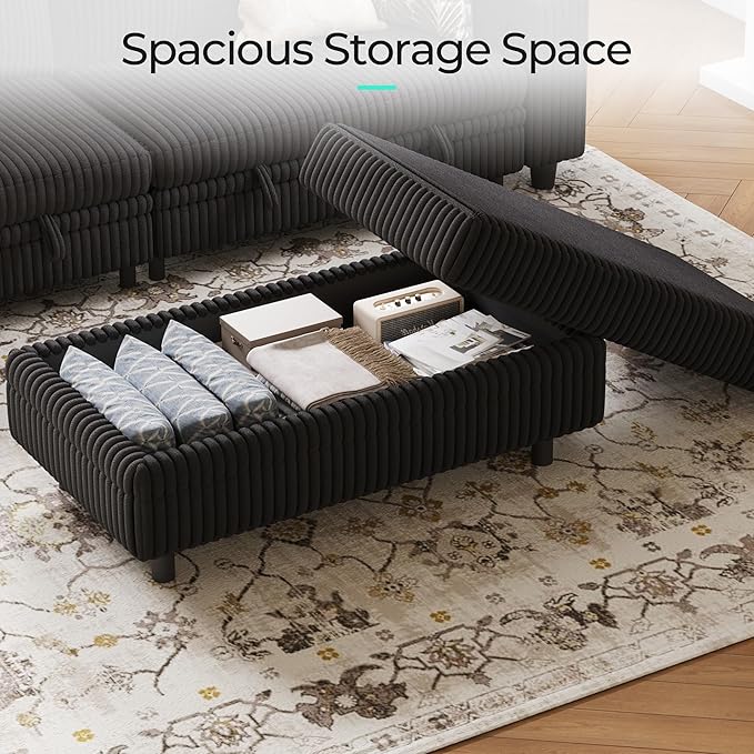 LINSY HOME Sectional Sleeper Sofa - Modular Ottoman Module (Black, Sleeper Sofa Ottoman) | Storage, Convertible, Coffee Table, Plush Corduroy