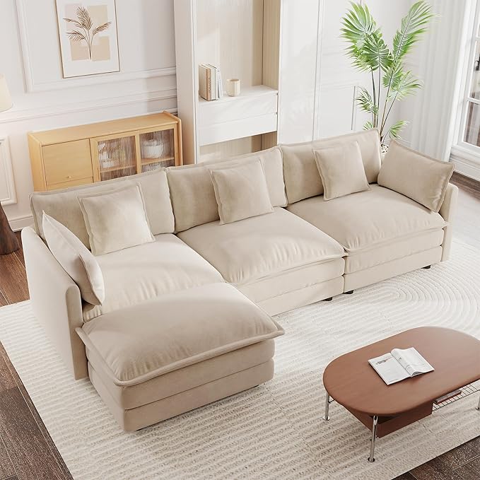 mikibama Modular Sectional Sofa, 111.5 Inch L Shaped Couch Set for Living Room, 3-Seater Comfy Cloud Couches with Movable Ottoman, DIY Combination, Chenille, Light Coffee