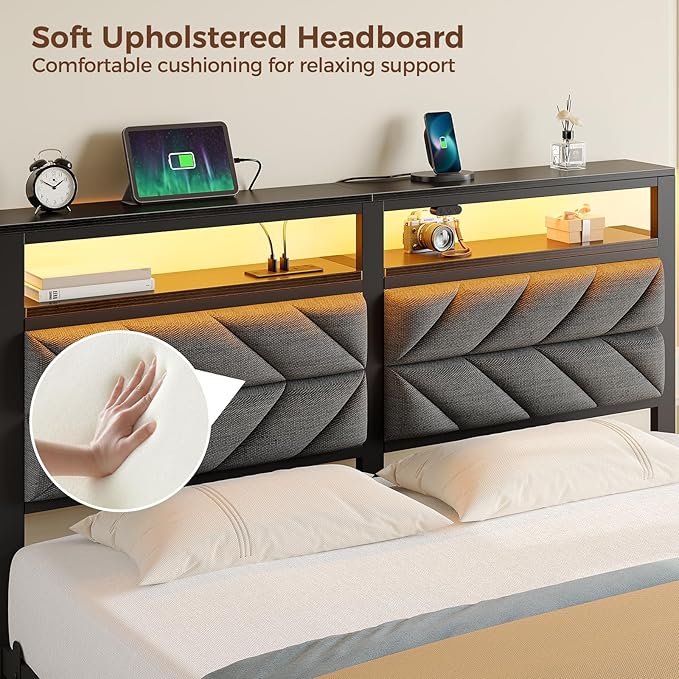 Seventable Queen Bed Frame with Charging Station & LED Lights, Upholstered Headboard with 2-Tier Storage Shelves, Metal Platform with Under Bed Storage, No Box Spring Needed, Easy Assembly, Dark Grey
