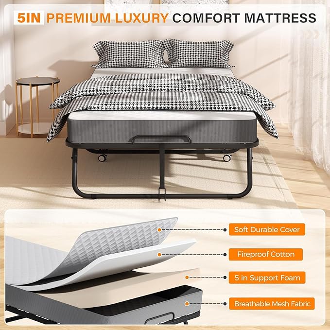 75" x 38" Twin Folding Bed with 5" Memory Foam Mattress – Foldable Rollaway Guest Bed with Wheels & Metal Frame, Portable for Apartments, Adults, and Home Use