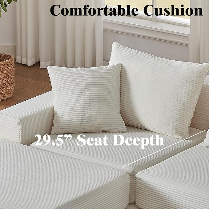 Modular Loveseat L Shaped Sofa,Boneless Cloud Couch with Ottoman (Beige White) | Freely Combination, No Assemble Required, Modular Design, Breathable Fabric, Convertible to Bed, Futon Bed