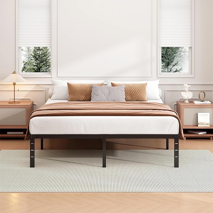 Hafenpo 18 Inch Queen Bed Frame - Sturdy Metal Platform Queen Size, No Box Spring Needed, Heavy Duty, Easy Assembly, Strong Bearing Capacity, Under Bed Storage, Black