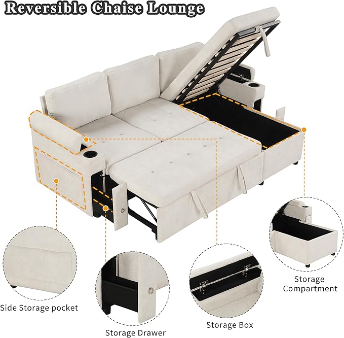 Harper & Bright Designs 83.5" L-Shaped Sofa Couch Convertible Sofa Bed Sectional Sofa with Ample Storage Space, Two Cup Holders and Two USB Ports for Living Room, Beige