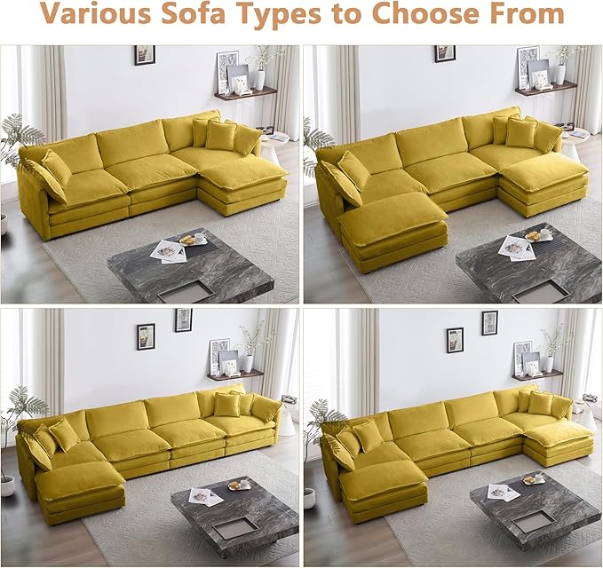 mikibama Modular Sectional Sofa, 111.5 Inch L Shaped Couch Set for Living Room, 3-Seater Comfy Cloud Couches with Movable Ottoman, DIY Combination, Chenille, Yellow