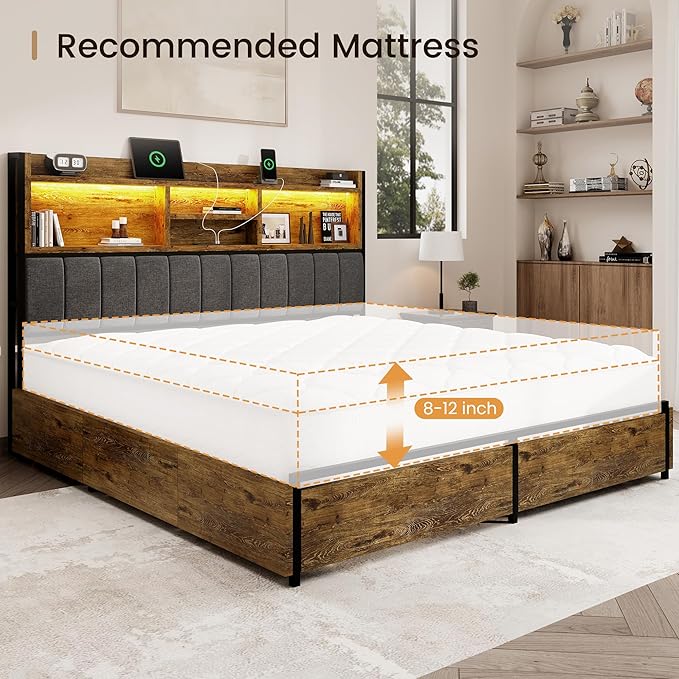BRELTAM King Bed Frame with 6 Storage Drawers, Linen Upholstered Headboard, Built-in USB Charging Station & LED Lighting, Silent Metal Support, No Box Spring Needed, Vintage Brown
