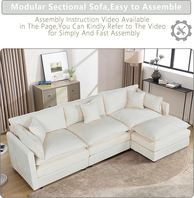 Setawix Deep 3 Seater Couch with Ottoman,112.2" L-Shaped Cloud Couches for Living Room,Chenille Cloud Sofa Couch with Deep Seat,Modular Sectional L Shape 3 Seat Sofa for Bedroom (Beige, 3+1)