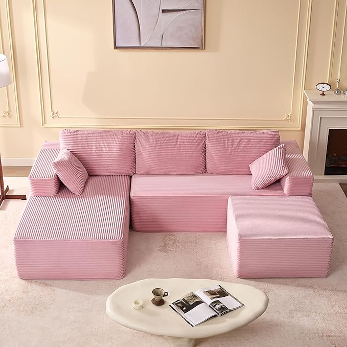 107" Boneless Couch with Deep Seat, Set of Modular Sectional Sofa, Cloud Sectional Couch for Living Room, No Assembly Required, Corduroy, U-Shape 3 Seater Left, Pink