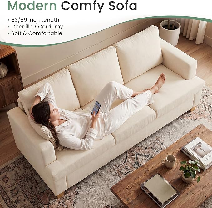 YOUDENOVA Sofa, 89" 3-Seater Deep Seat Sofa, Modern Comfy Couches for Living Room Apartment Lounge, Beige Chenille