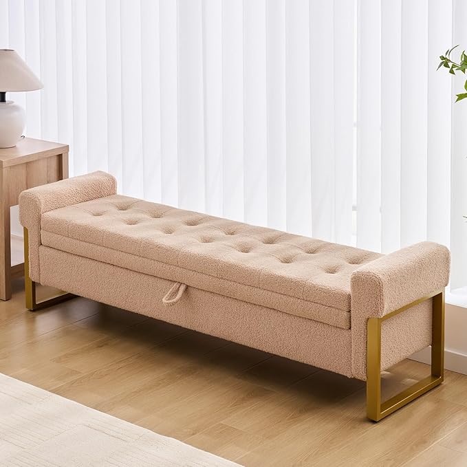 67" End of Bed Storage Bench King Size, Bench for Bedroom Foot of Bed, Upholstered Storage Ottoman with Gold Legs for Window Living Room, Teddy Camel