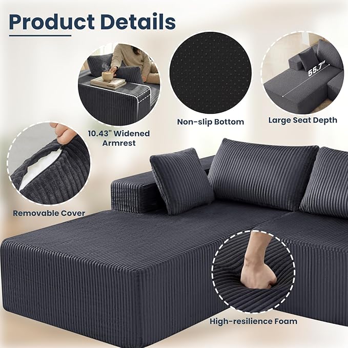 DUMOS 108" Boneless Couch, Cloud Sectional Couch with L-Shape Chaise, Modular Sectional Sofa with Deep Seat, Upholstered Couch for Living Room Bedroom, No Assembly Required (Grey, Left Facing Chaise)