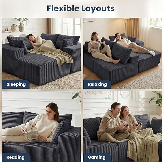 DUMOS 108" Boneless Couch, Cloud Sectional Couch with L-Shape Chaise, Modular Sectional Sofa with Deep Seat, Fluffy Couch for Living Room Bedroom, No Assembly Required (Grey, Right Facing Chaise)