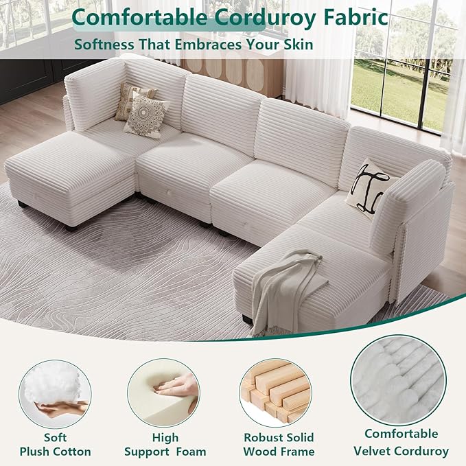 Modular Sectional Sofa with Adjustable Backrest, Convertible L/U-Shaped Sleeper Couch for Living Room, Cloud Sofa Bed Modern Reversible Design, Beige