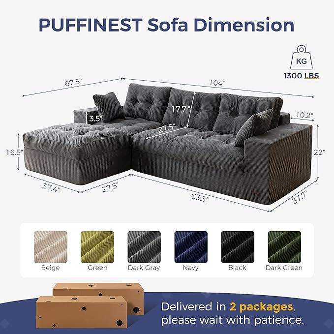 MAXYOYO 104" L Shaped Modular Sectional Sofa with Ottoman, Cloud Boneless Couch with Layered Cushion, Upholstered Sofa in a Box, Flexible Module Combination for Living Room, No Assembly, Dark Grey