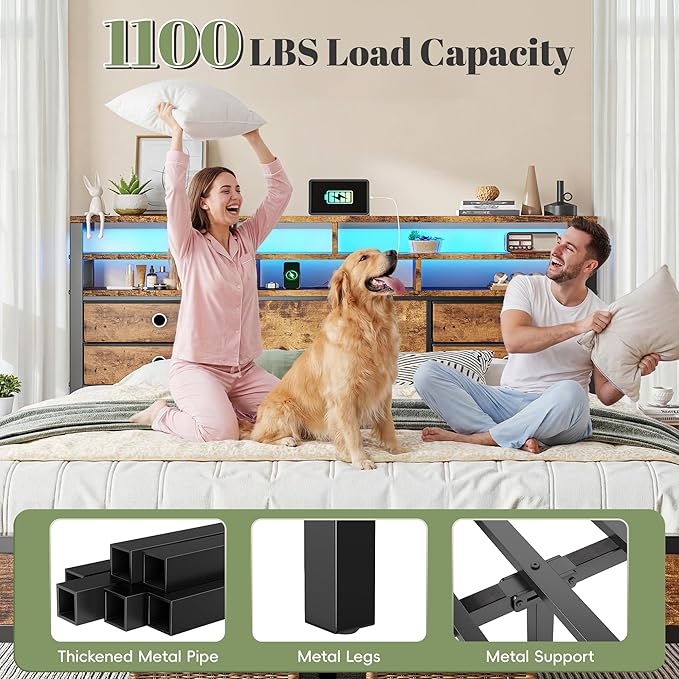 Homkdom Bed Frame Queen Size with 2-Tier Storage Headboard and 4 Drawers,Queen Platform Bed Frame with LED Lights & Charging Station,Metal Queen Bed 1100LBS Heavy Duty,No Noise,Rustic Brown