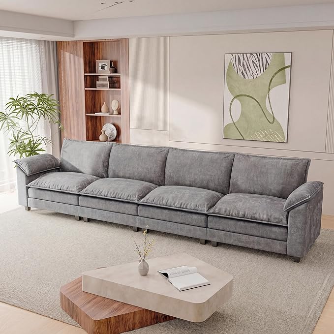 158.6'' Sectional Cloud Couch with 4 Seats & Wide Armrests, Oversized Linear Sofa with Double Layer Cushions, Comfy Chenille Couches for Living Room and Apartment (Light Grey, Linear Sofa)