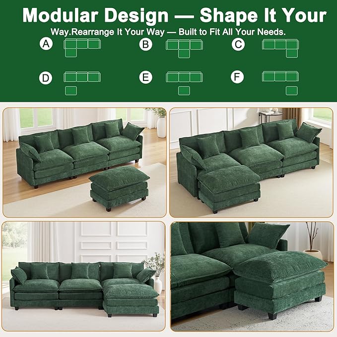 111.4" L-Shaped Cloud Chenille Sofa Sectional Couch with Reversible Chaise, Flexible 3+1 Layout for Large Spaces, Deep Seat and Free Pillows Included