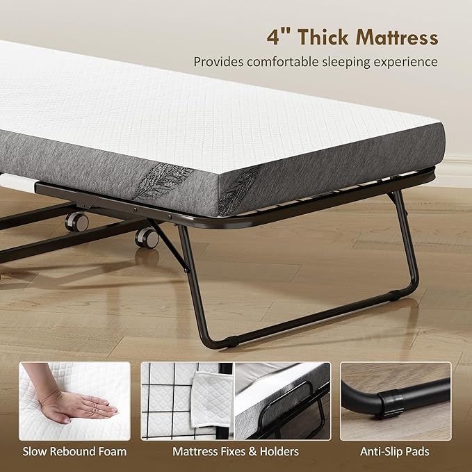 HOMCOM Folding Bed with Mattress for Adults, Long Twin Size, Portable Foldable Bed with 4" Foam Mattress & Space-Saving Steel Frame, 79" x 35", Fold Up, Roll Away & Hideaway, White