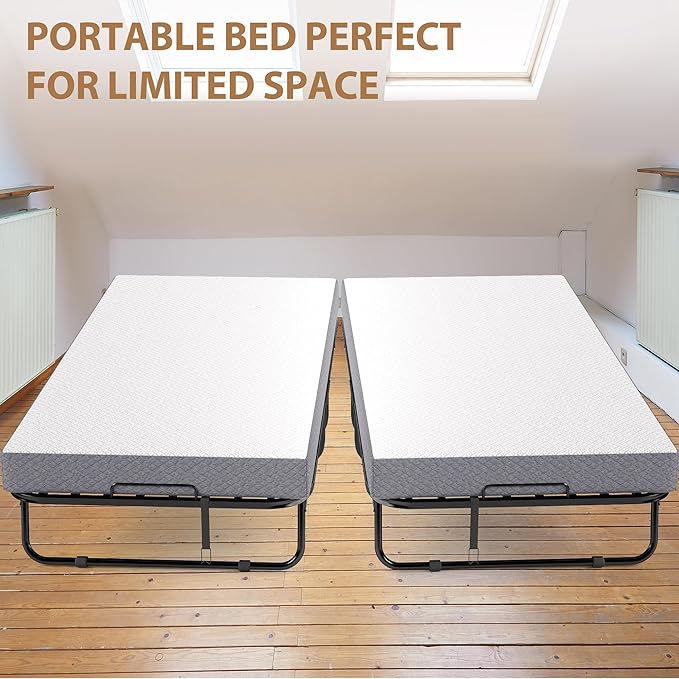 Decofy Folding Bed with Memory Foam Mattress, Portable Rollaway Guest Beds on Wheels, 75"x38" Twin Size Space-Saving Cot-Size Bed for Adults with Easy Assembly Metal Frame (White)