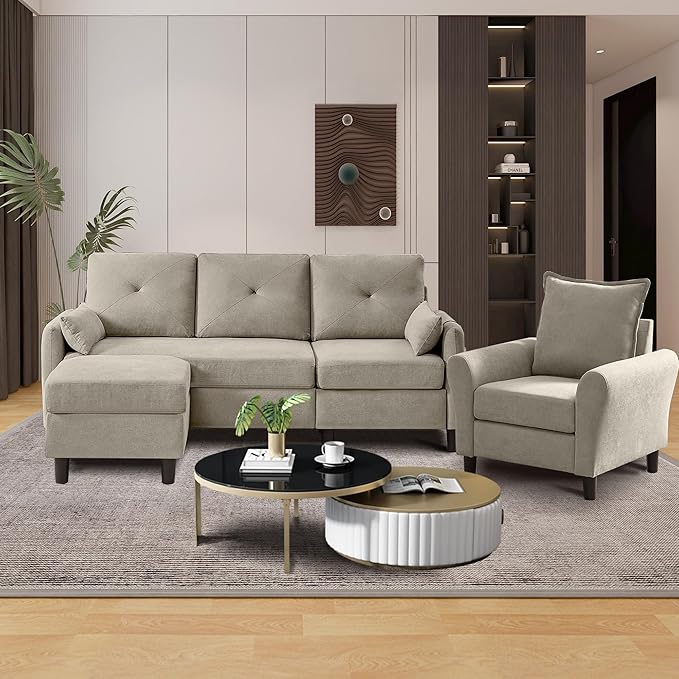 Convertible Sectional Sofa, 77" Small L Shaped 3 Seat Couch with Reversible Storage Chaise, and Accent Chair Set Modern Polyester Fabric Sofa Couches for Living Room, Apartment, Beige