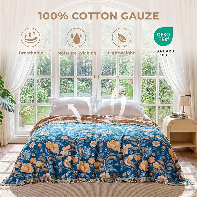 LUTBM Boho Throw Blanket for Bed Cotton Spring Blankets Twin Size for Bedroom Living Room All Season Lightweight Floral Bird Embroidery Breathable Quilt for Couch Sofa Chair 60"x80" Home Decor