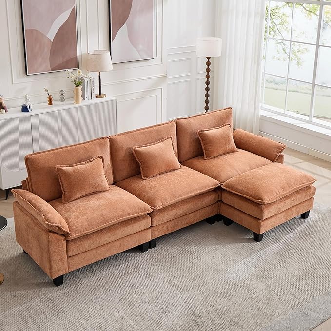 120" Modular Sectional Sofa, Comfy Cloud Couch Sectional Sofa with Ottoman, Chenille Sofa Sleeper Deep Seat Sofa with Throw Pillows for Living Room (Orange, 120"- L Shape)
