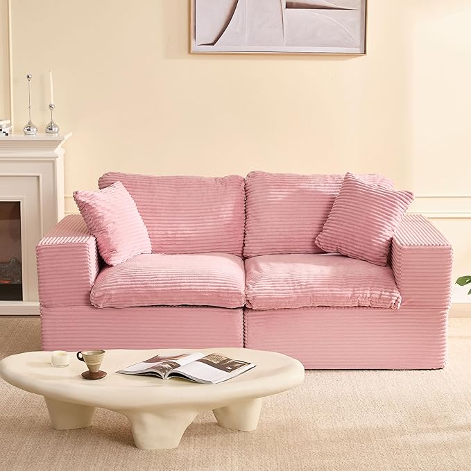 74.8” Set of Cloud Couch, Modular Loveseat Sofa, Convertible Sofas Bed, Deep Seat Sofa, Cozy Sofa for Living Room, Office and Bedroom, Corduroy, Pink