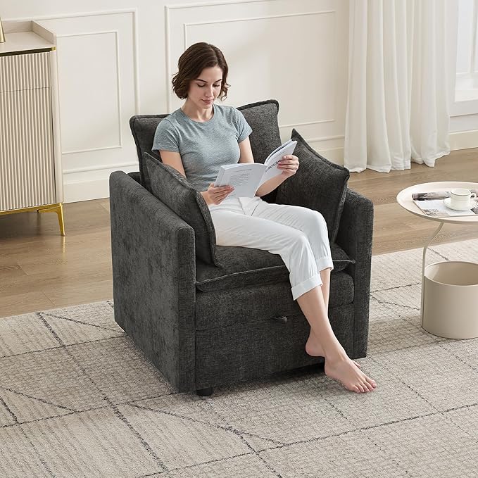30" Cloud Modular Single Sofa Chair with Storage, Modern Upholstered Accent Chair Deep Seat, Chenille Reading Lounge Armchair for Living Room, Bedroom, Small Space, Dark Grey | Single Sofa, Accent Chair, Reading Lounge, Armchair, Chenille Sofa