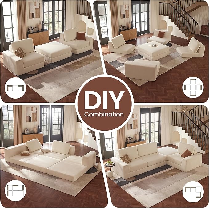 Modular Sectional Sofa, 120.47" Modern Cloud Couch Sectional Sofa with L-Shaped Chaise Comfy Corduroy Fluffy Couch with Deep Seat Boneless Couches for Living Room Bedroom, White