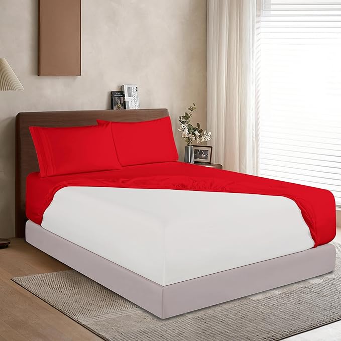 Elegant Comfort 1500 Premium Hotel Quality 18-24 Inches Deep - Extra Deep Pocket Single Fitted Sheet for High Mattress, Luxury and Softest, Smart Pocket - Wrinkle Free, King, Red