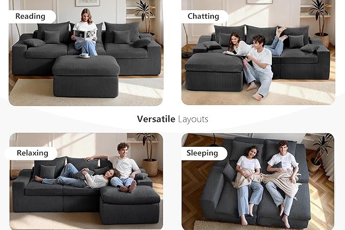 HABUTWAY 104" L Shaped Cloud Sectional Couch, Boneless Modular Sectional Sofa with Deep Seat, Corduroy Couches for Living Room, Modular Couch, No Assembly Required (Grey)