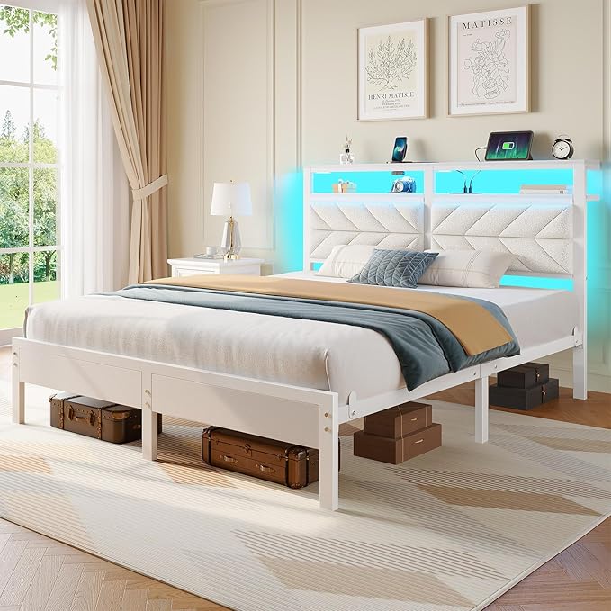 Seventable Bed Frame Full Size with Charging Station, LED Bed with Upholstered Storage Headboard, Metal Platform Bed with Under Bed Storage, No Box Spring Needed, Noise Free, Easy Assembly, White