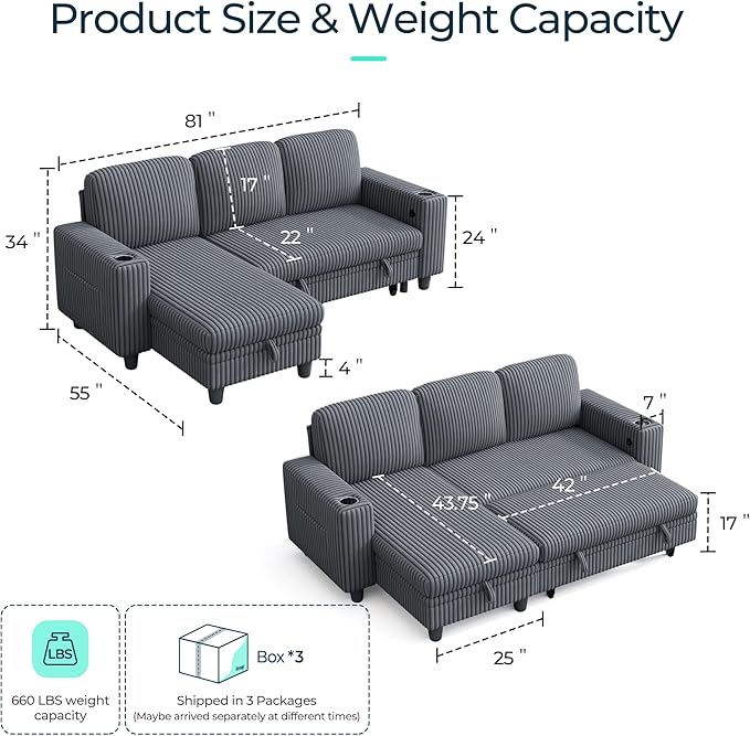 LINSY HOME Sectional Sleeper Sofa with Pull Out Couch Bed for Living Room (Grey) | Plush Corduroy, Storage Ottoman, Storage Chaise, Pull Out Couch, USB Charging