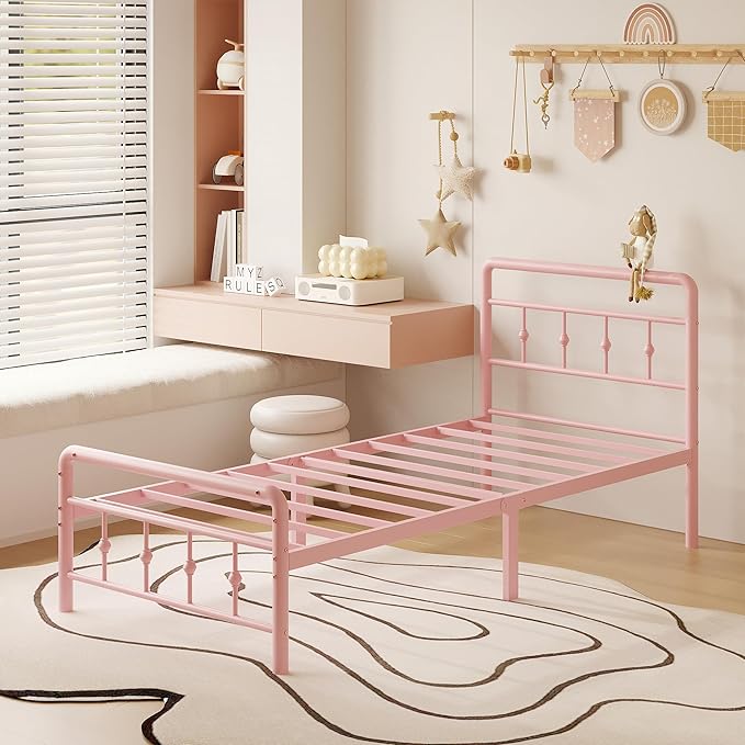 Richwanone 14 inch Twin XL Bed Frame with Headboard and Footboard, Heavy Duty Metal Bed Frame Victorian Style, No Box Spring Needed, Easy Assembly, Pink