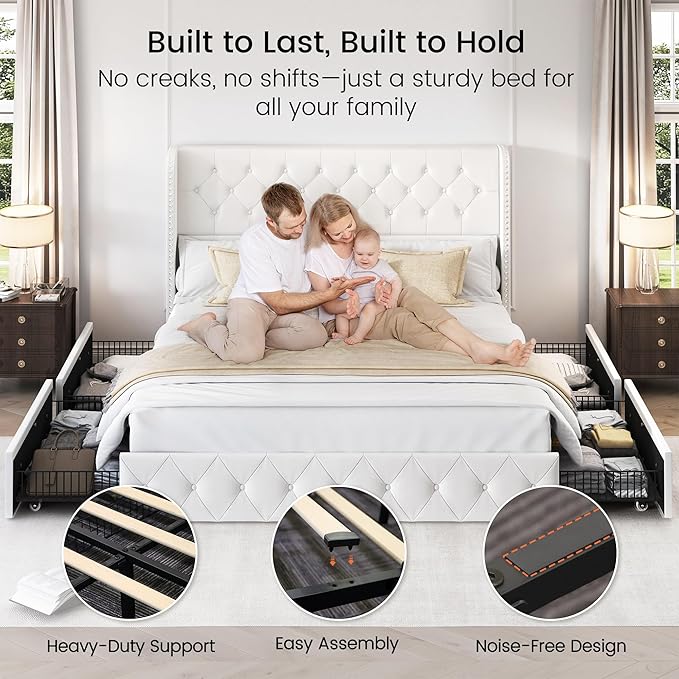 LARMACE King Size Bed Frame with 4 Storage Drawers and 47.2" Tall Wingback Headboard Velvet Upholstered Platform Bed Frame Tufted Beds with Wooden Slats Support, Easy Assembly, White