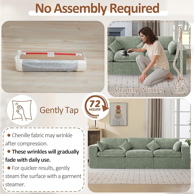 115''Cloud Boneless Sectional Couch, Modular Sectional Sofa Deep Seat, Oversized Upholstered Convertible Comfy 3 Seater Chenille Memory Foam Sofa Couches for Living Room, Green