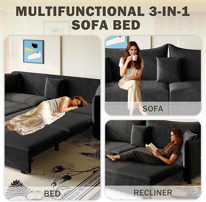 KEIKI 81.9" Sleeper Sofa, 3-in-1 Pull Out Couch Bed with Premium Velvet Upholstery, Perfect for Movie Nights, Overnight Guests, and Modern Home Decor