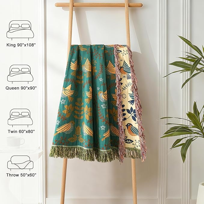 Boho Throw Blanket for Couch 100% Cotton Soft Birds and Floral Double Embroidery Breathable Spring Throw Blankets,50"x60" All Season Reversible Throws for Sofa Chair Livingroom Home Decor