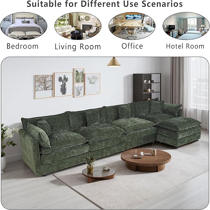 Setawix Deep 4 Seater Couch with Ottoman,147.22" L-Shaped Cloud Couches for Living Room,Chenille Cloud Sofa Couch with Deep Seat,Modular Sectional L Shape 4 Seat Sofa for Bedroom (Green, 4+1)
